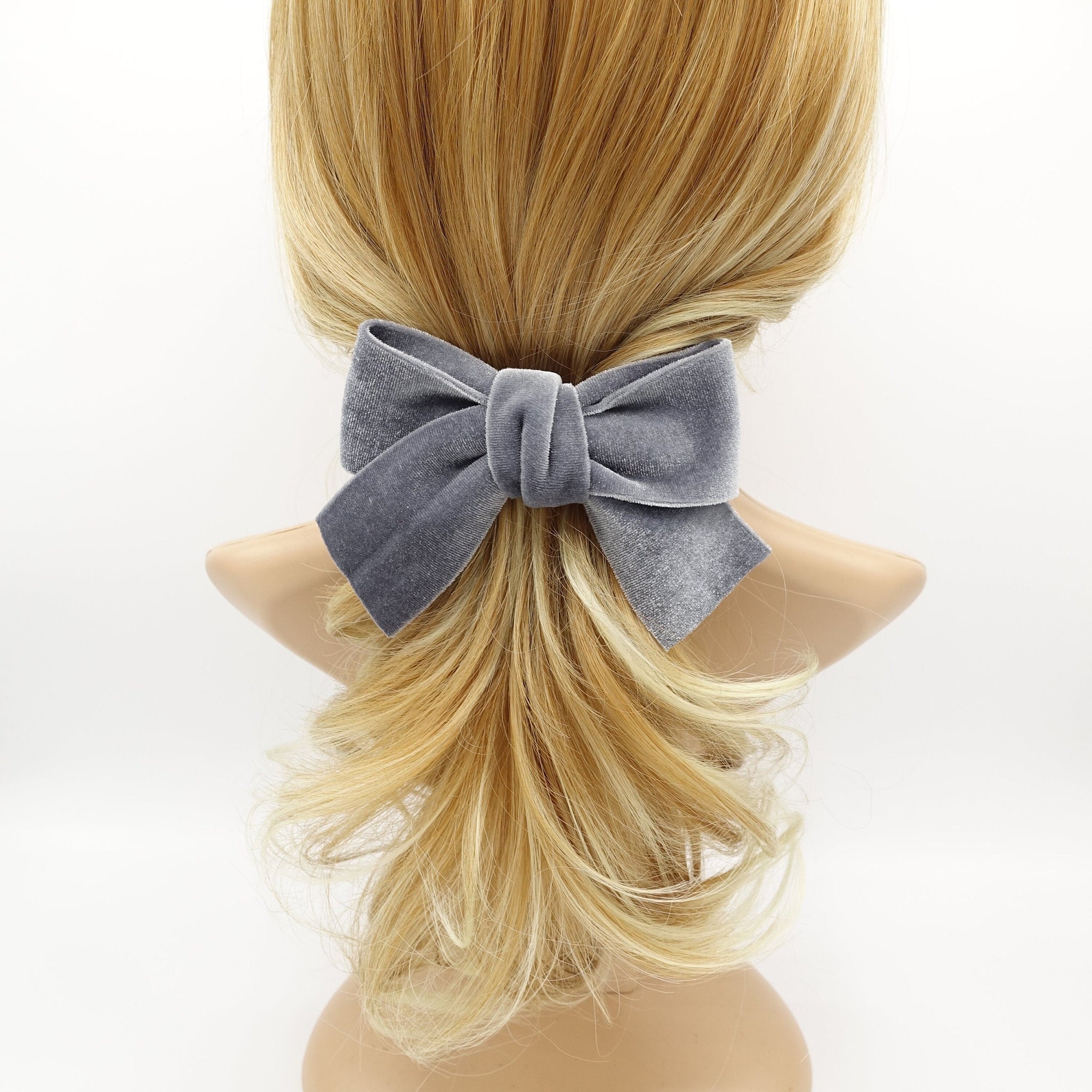 veryshine.com Barrette (Bow) Gray medium velvet cross bow french barrette basic Fall Winter hair accessory