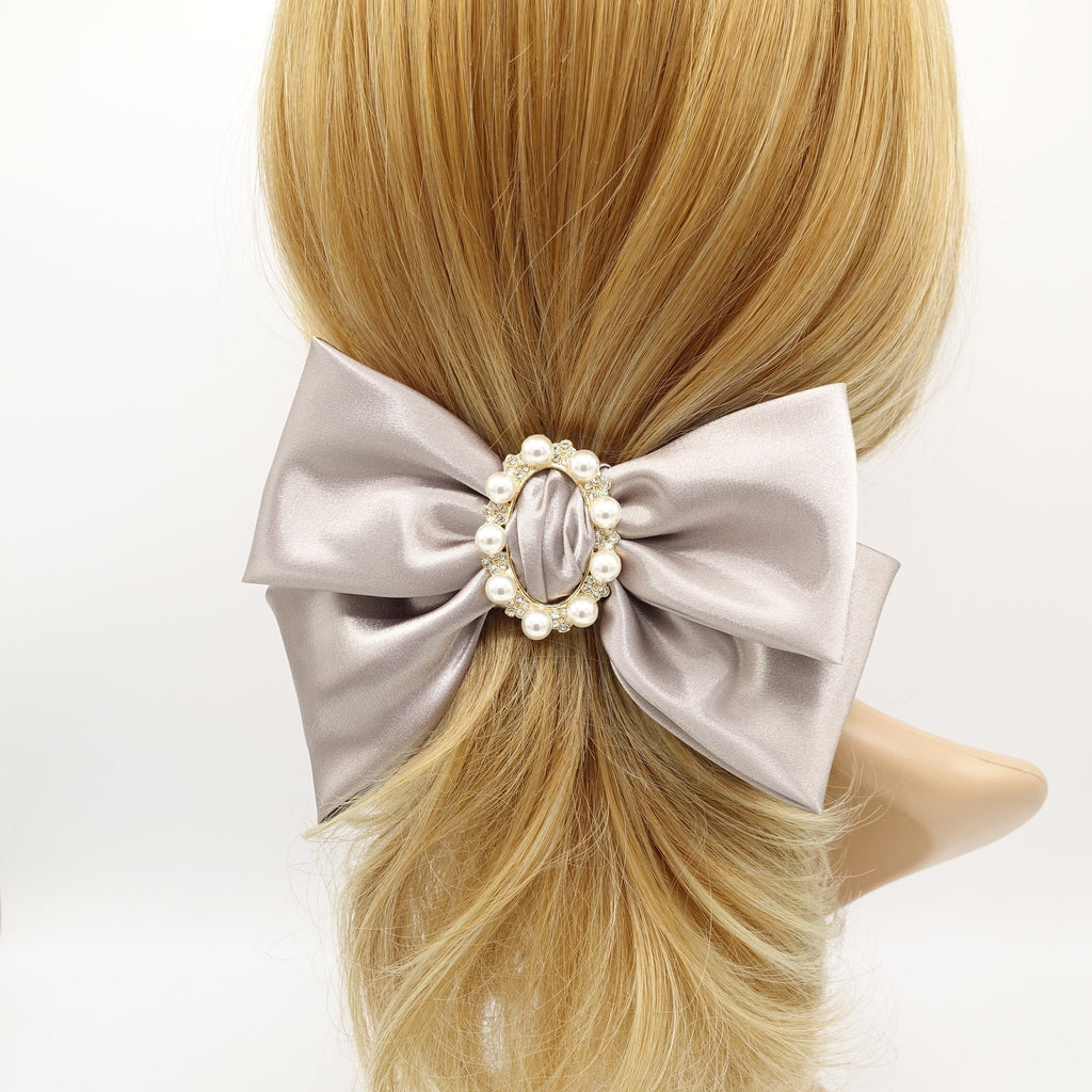 veryshine.com Barrette (Bow) Gray pearl rhinestone buckle embellished satin hair bow