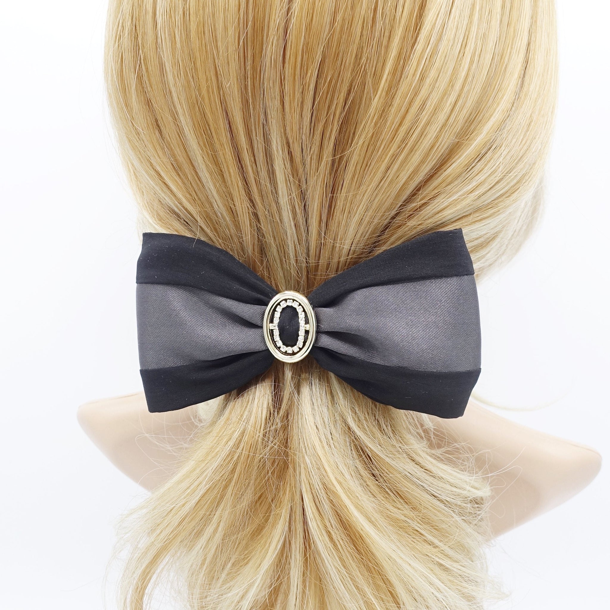 veryshine.com Barrette (Bow) Gray two tone satin hair bow rhinestone gold buckle embellished bow barrette