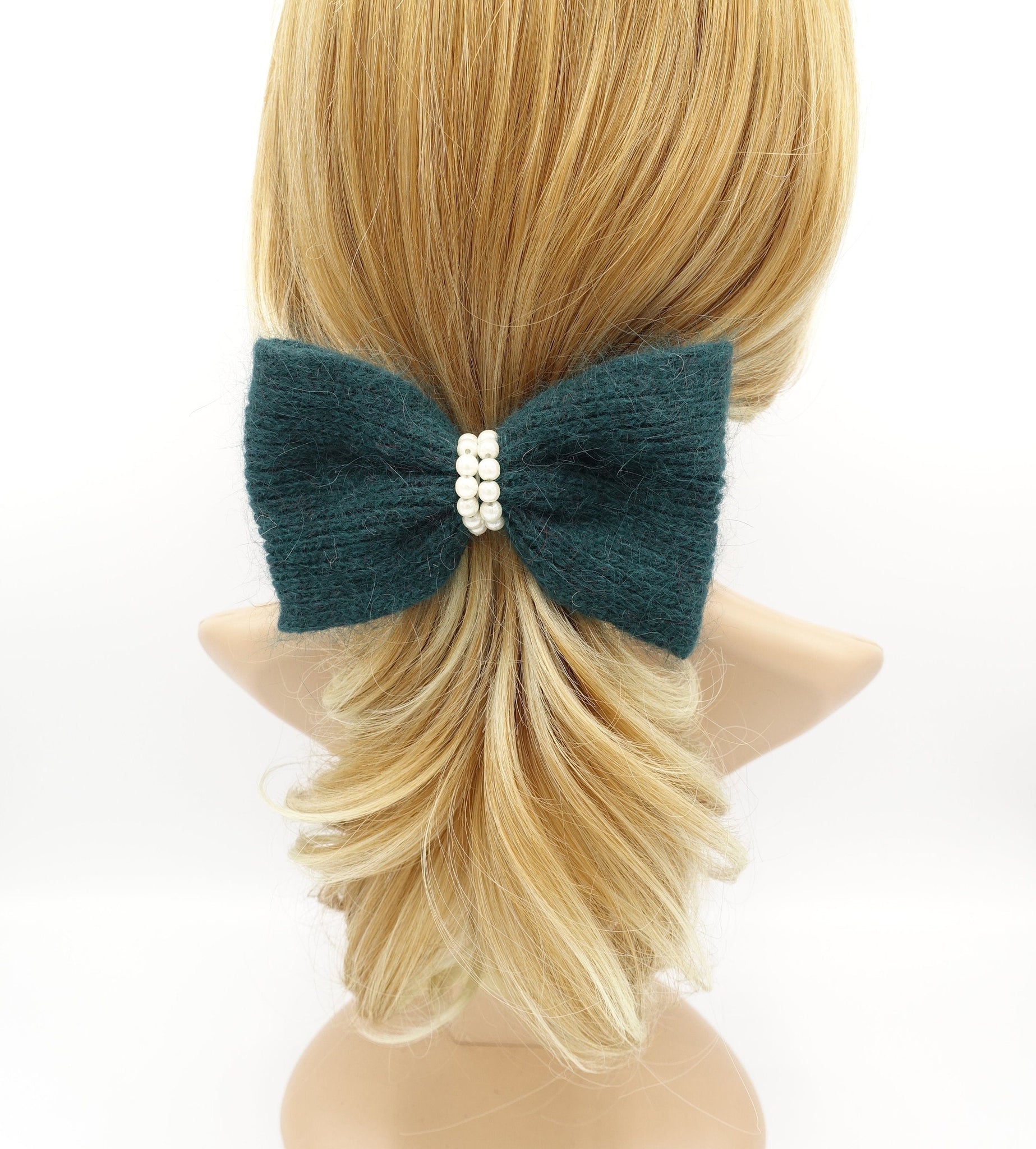 veryshine.com Barrette (Bow) Green angora hair bow pearl embellished Fall Winter women hair barrette