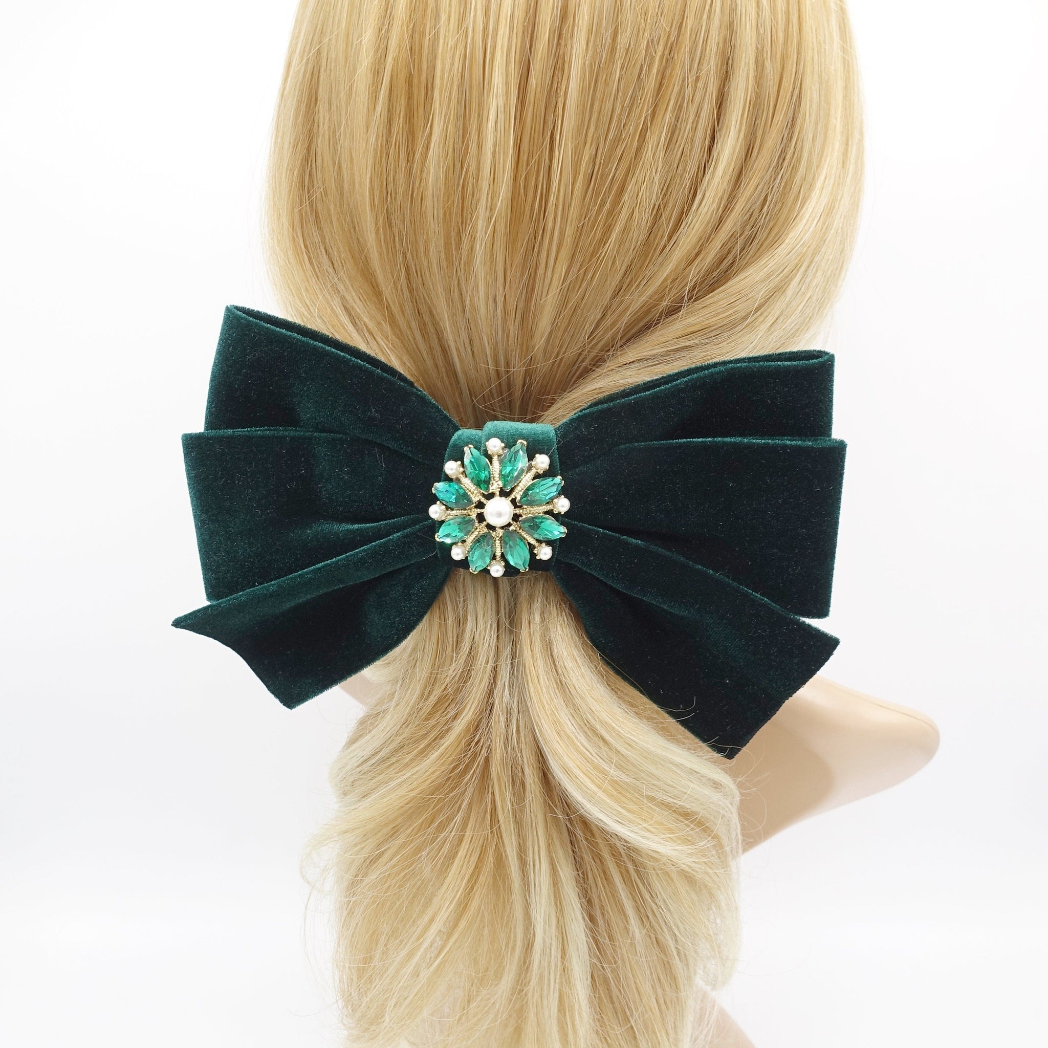 veryshine.com Barrette (Bow) Green jeweled velvet bow, velvet hair bow, antique hair bow, hair bow shop for women