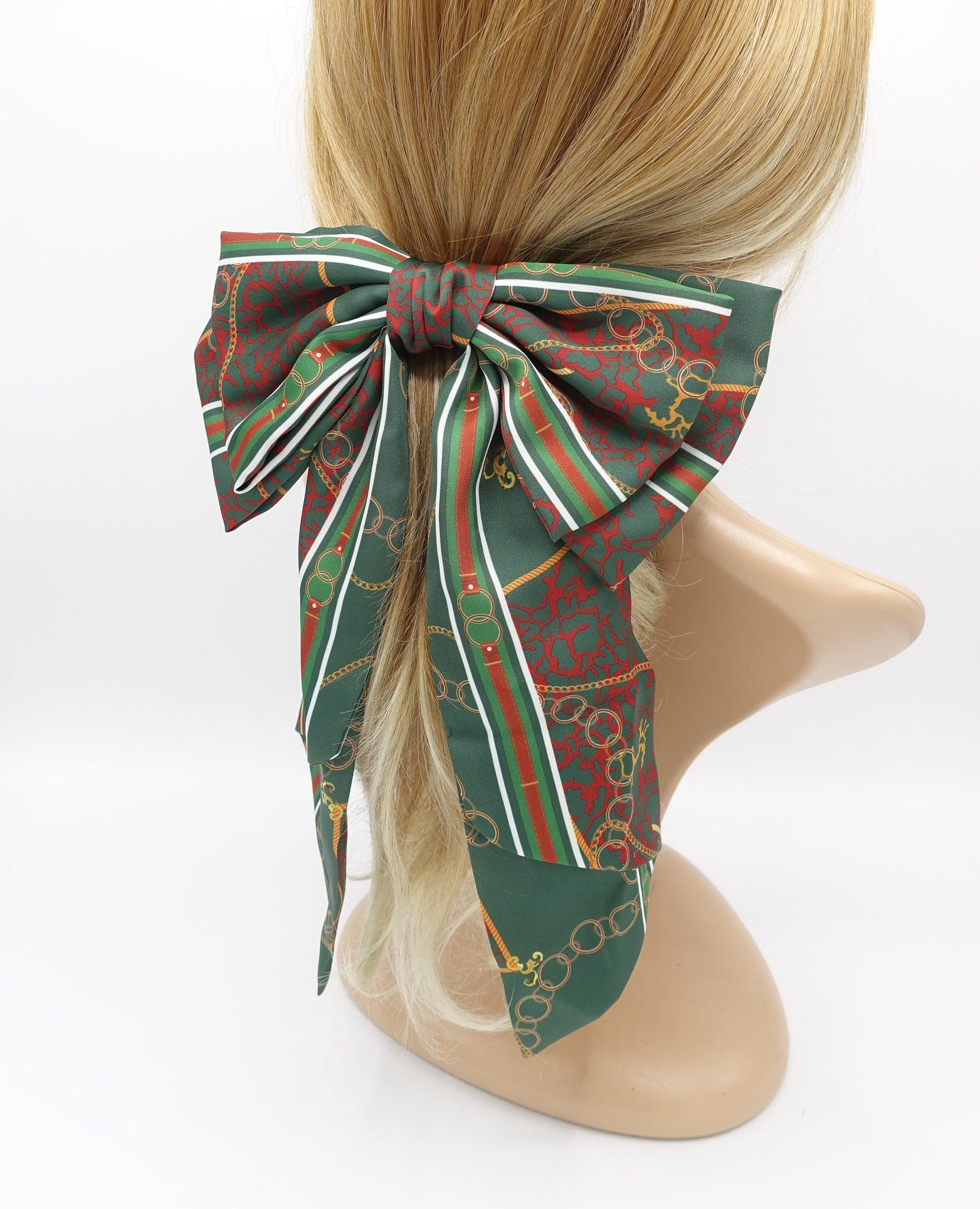 veryshine.com Barrette (Bow) Green satin hair bow chain belt print hair accessory for women