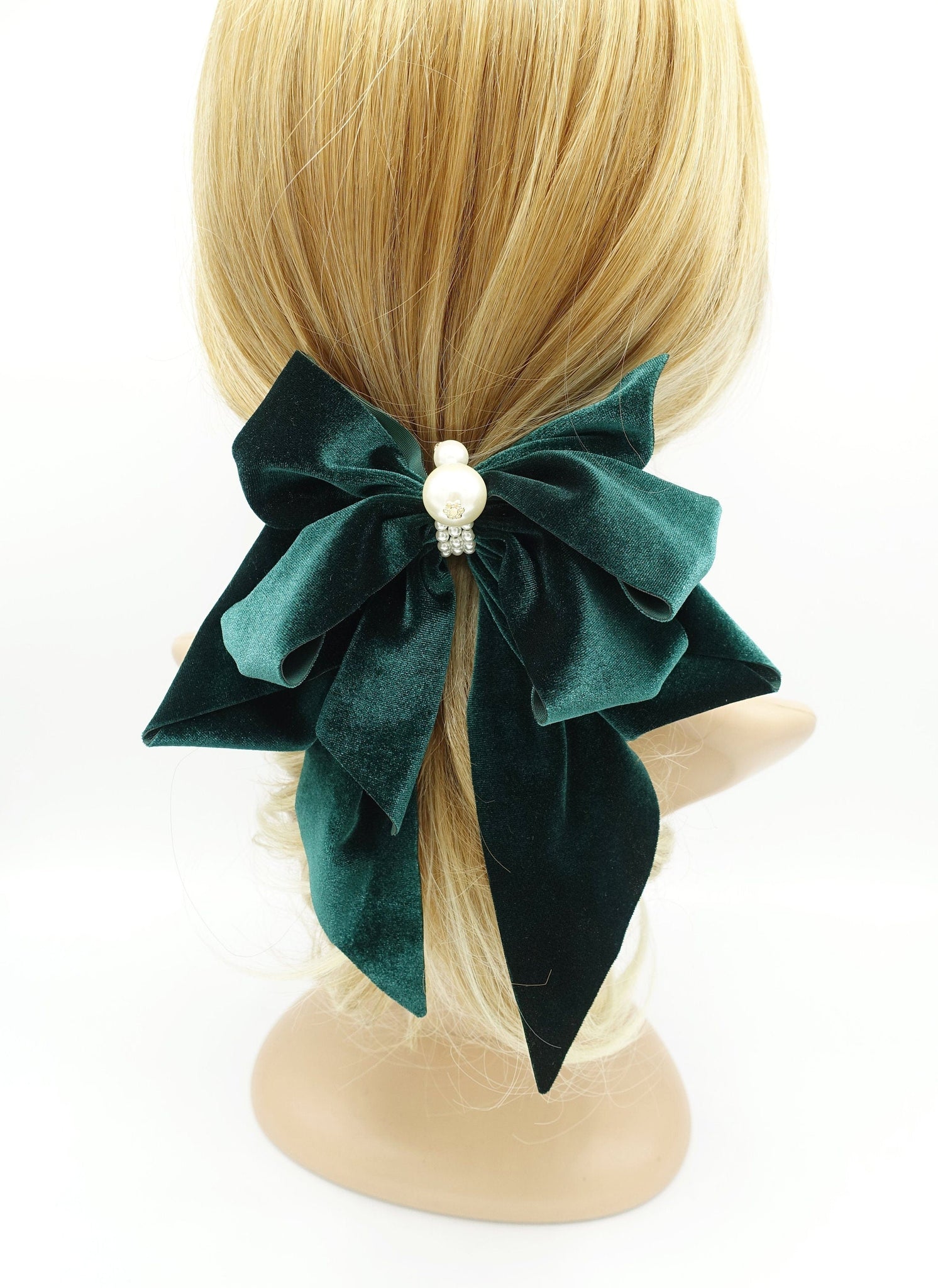 veryshine.com Barrette (Bow) Green velvet hair bow pearl embellished hair accessory for women