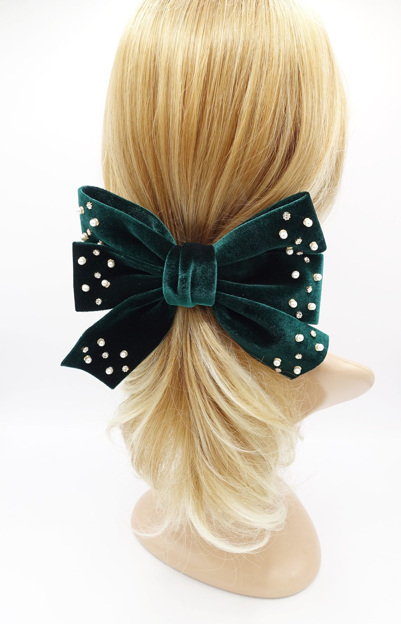 veryshine.com Barrette (Bow) Green velvet hair bow, triple rhinestone hair bow, pearl velvet bow, luxury hair bows for women