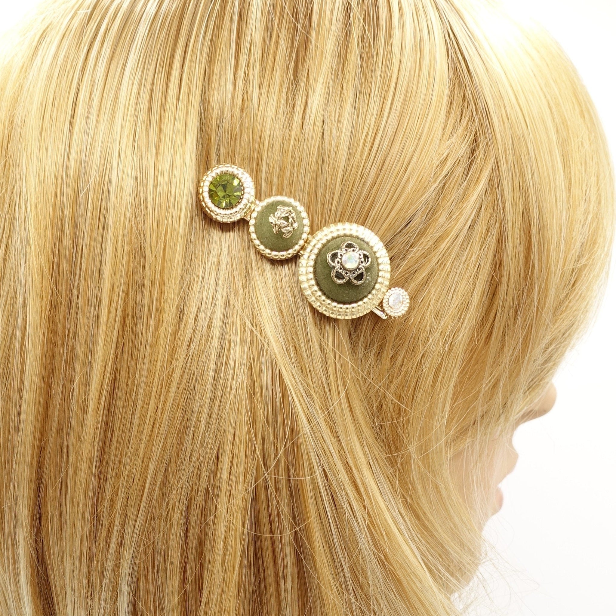 veryshine.com Barrette (Bow) Khaki royal hair clip rhinestone embellished golden button luxury style hair clip