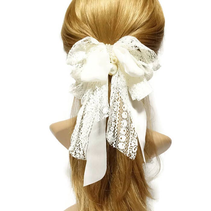 veryshine.com Barrette (Bow) Lace Chiffon Long Tail Bow Pearl Ornamented Romantic French Hair Barrette