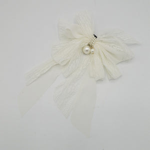 veryshine.com Barrette (Bow) Lace Chiffon Long Tail Bow Pearl Ornamented Romantic French Hair Barrette