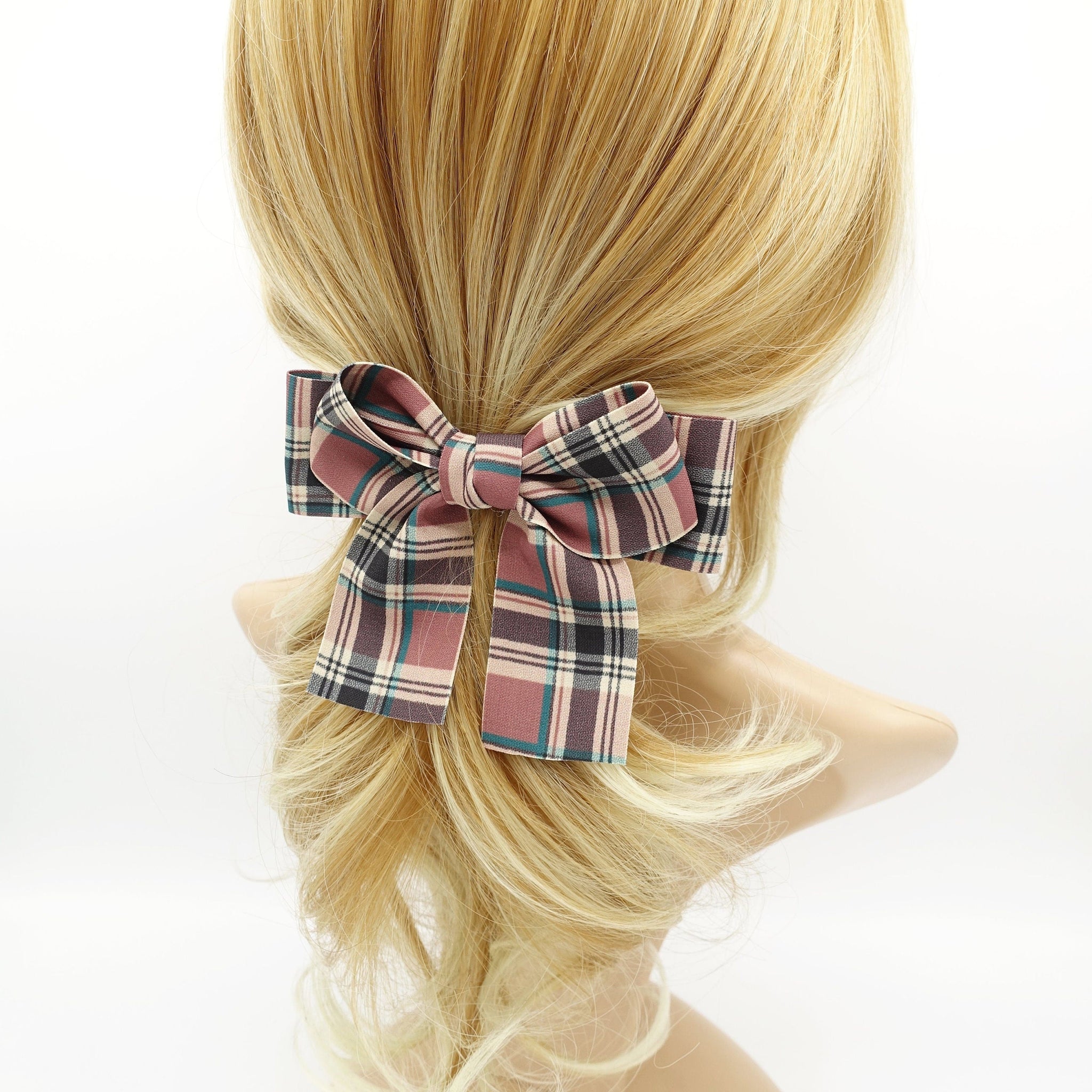 veryshine.com Barrette (Bow) Mauve pink plaid check basic medium bow french barrette casual women hair accessory