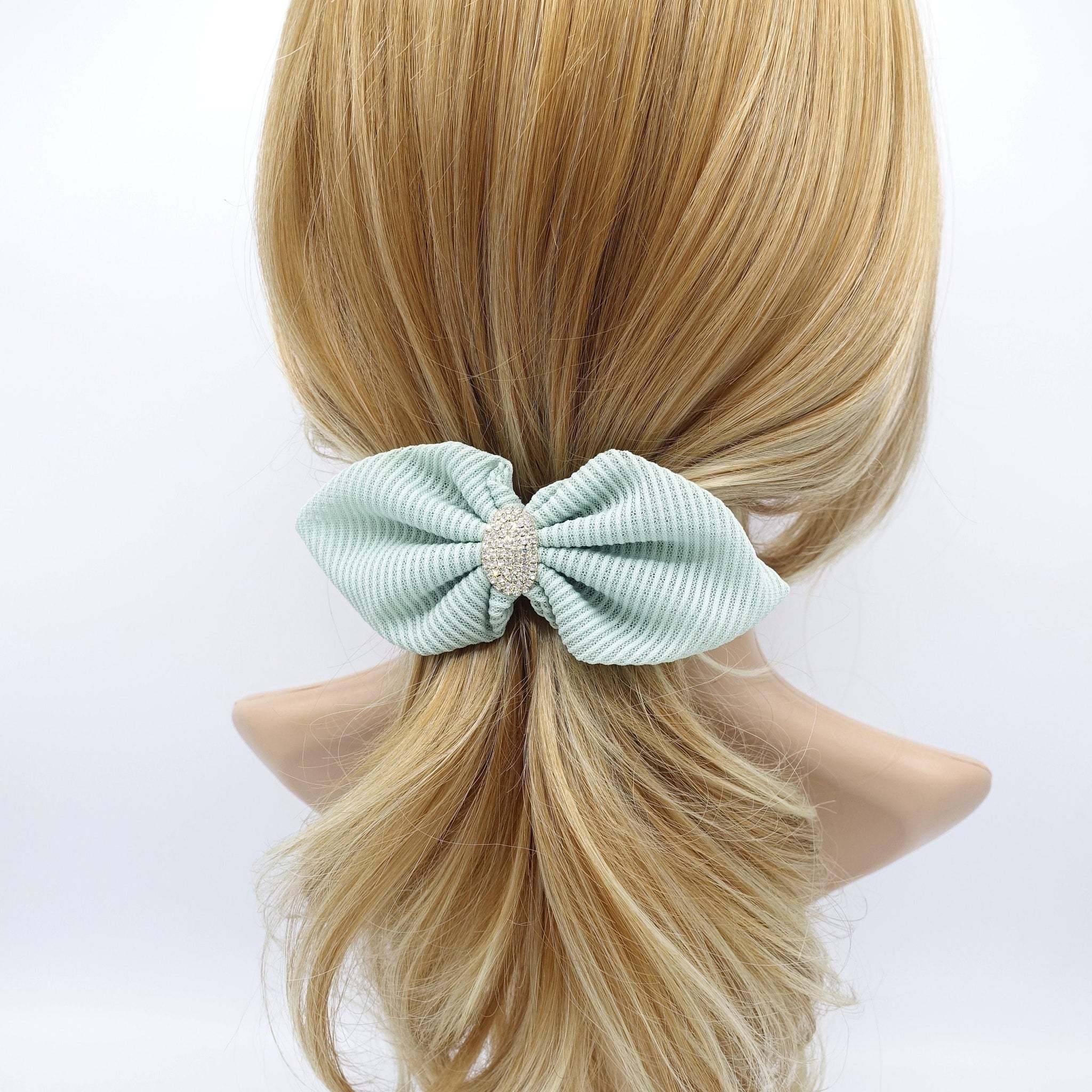 veryshine.com Barrette (Bow) Mint mesh pointed hair bow rhinestone embellished women hair barrette