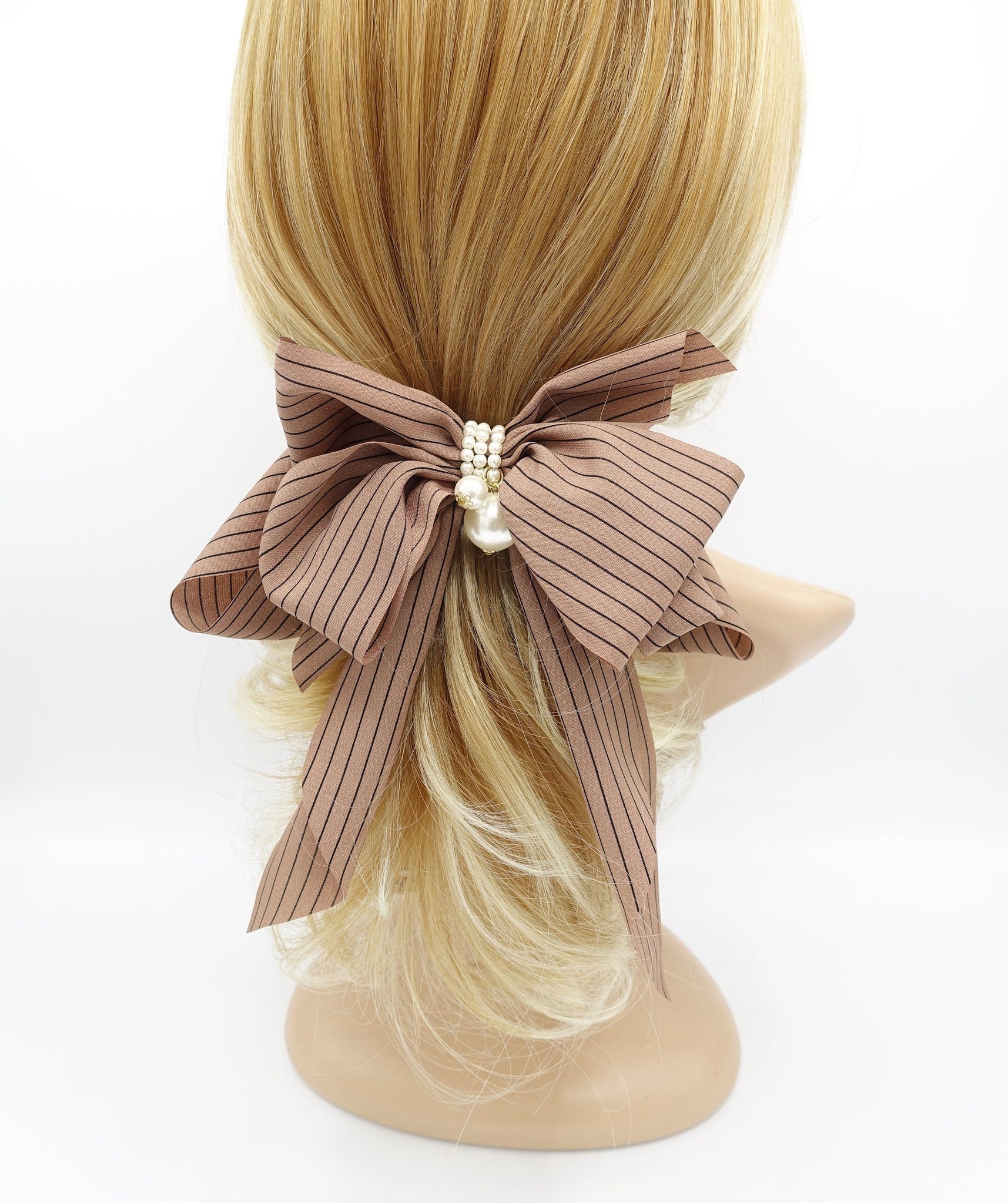 veryshine.com Barrette (Bow) Mocca beige solid classic stripe hair bow long tail french barrette women hair accessory