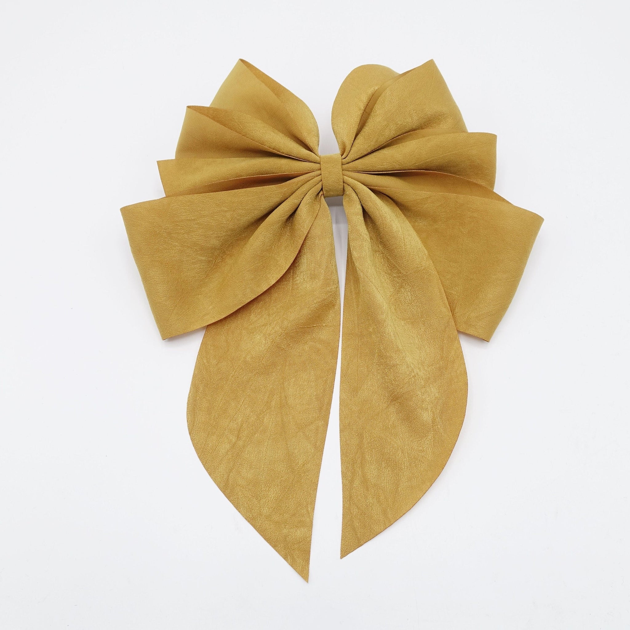 veryshine.com Barrette (Bow) Mustard multiple layered tail hair bow crinkled fabric pleated bow hair accessory for women