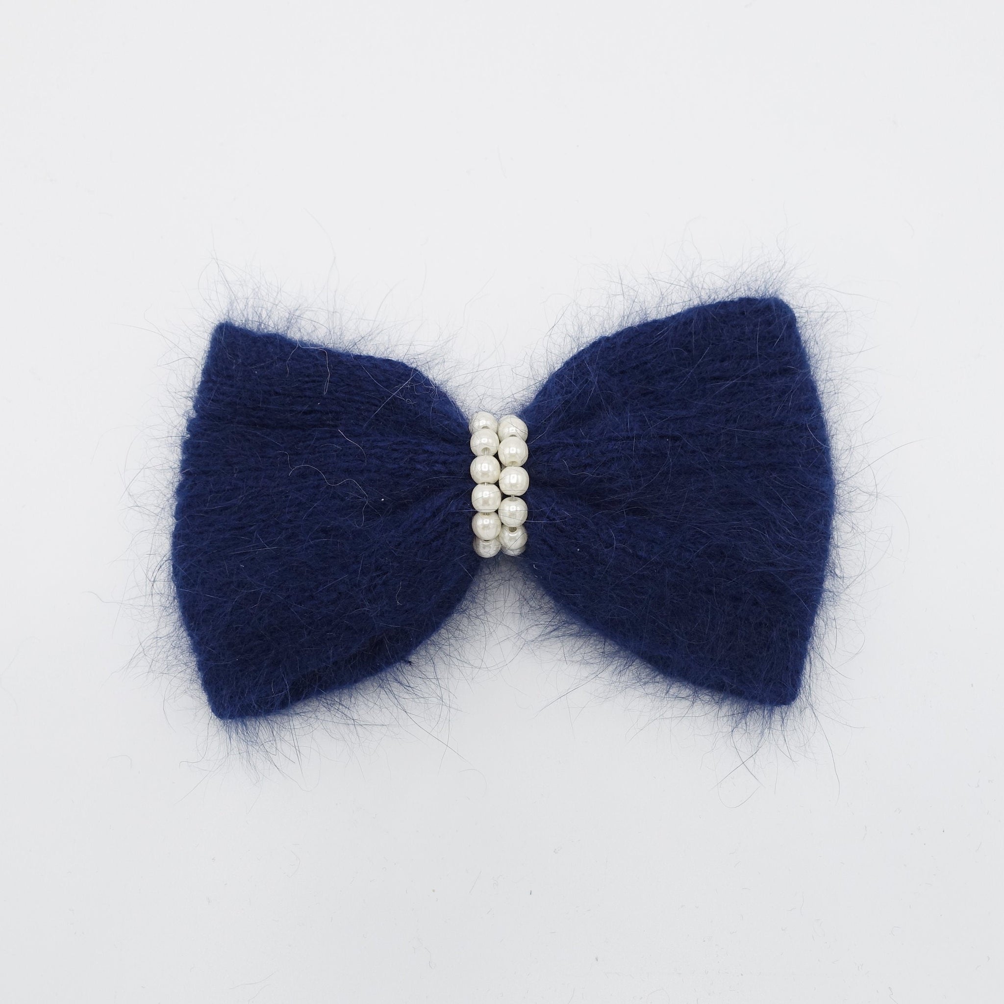 veryshine.com Barrette (Bow) Navy angora hair bow pearl embellished Fall Winter women hair barrette