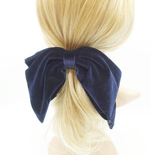 Navy Velvet Hair Bow Short Ribbon Tails French Barrette | Grace & Grandeur  Judy Short Bow
