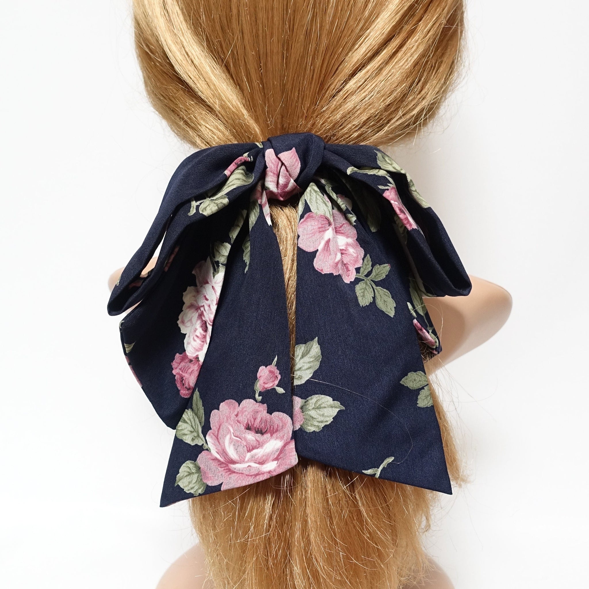 veryshine.com Barrette (Bow) Navy big flower print pattern  layered droopy tail bow french barrette stylish women hair accessory