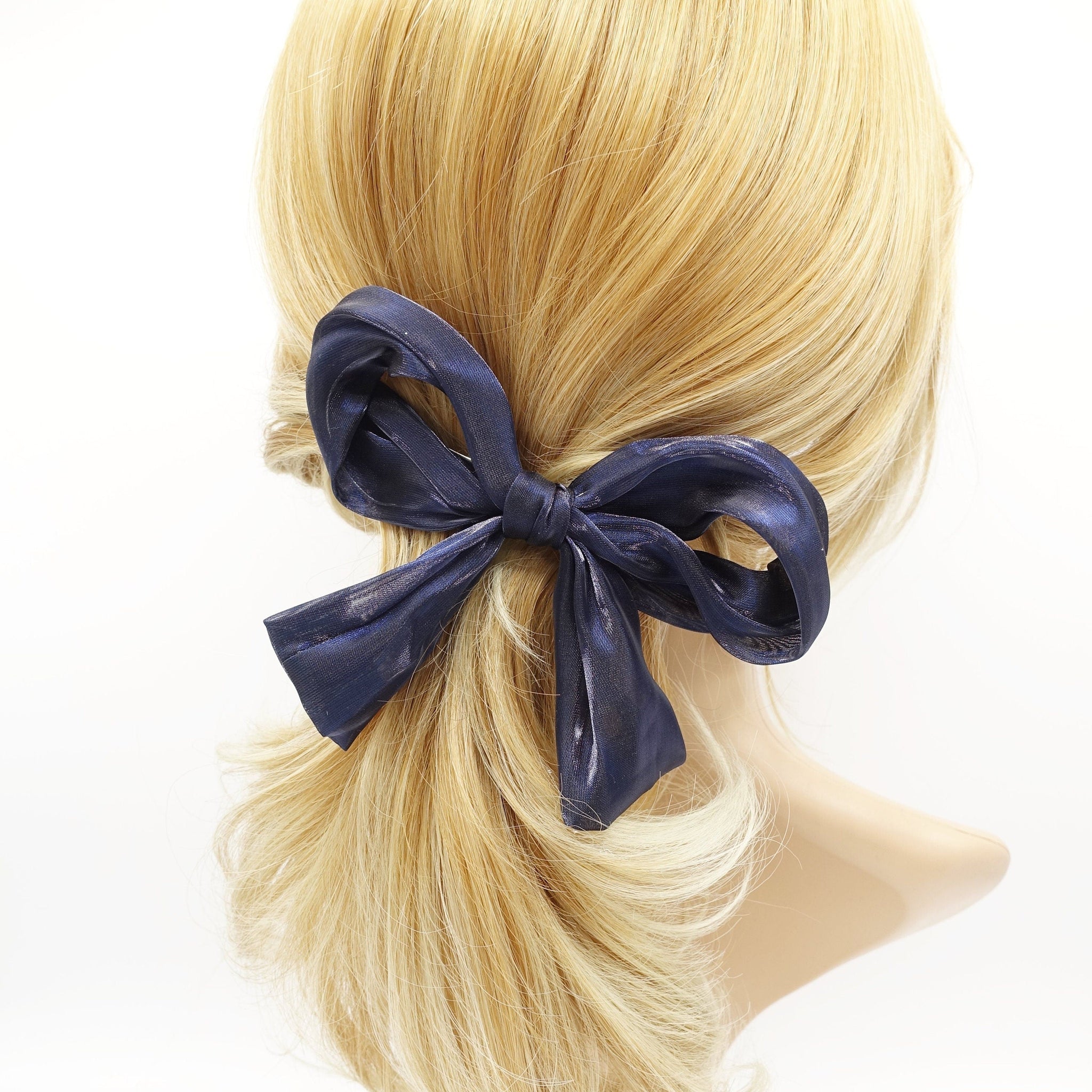 veryshine.com Barrette (Bow) Navy organza wired hair bow colorful translucent fabric tail knotted bow french barrette women hair accessory
