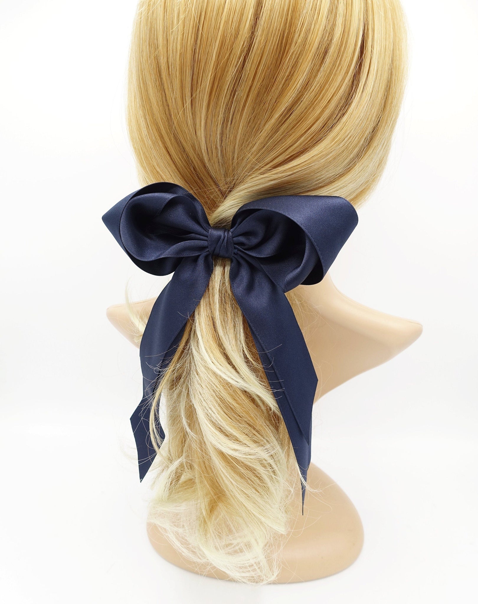 veryshine.com Barrette (Bow) Navy satin layered double tail hair bow