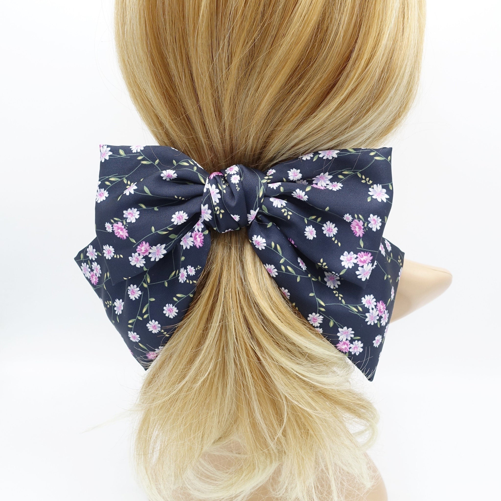 veryshine.com Barrette (Bow) Navy silk satin hair bow floral print big hair accessory for women