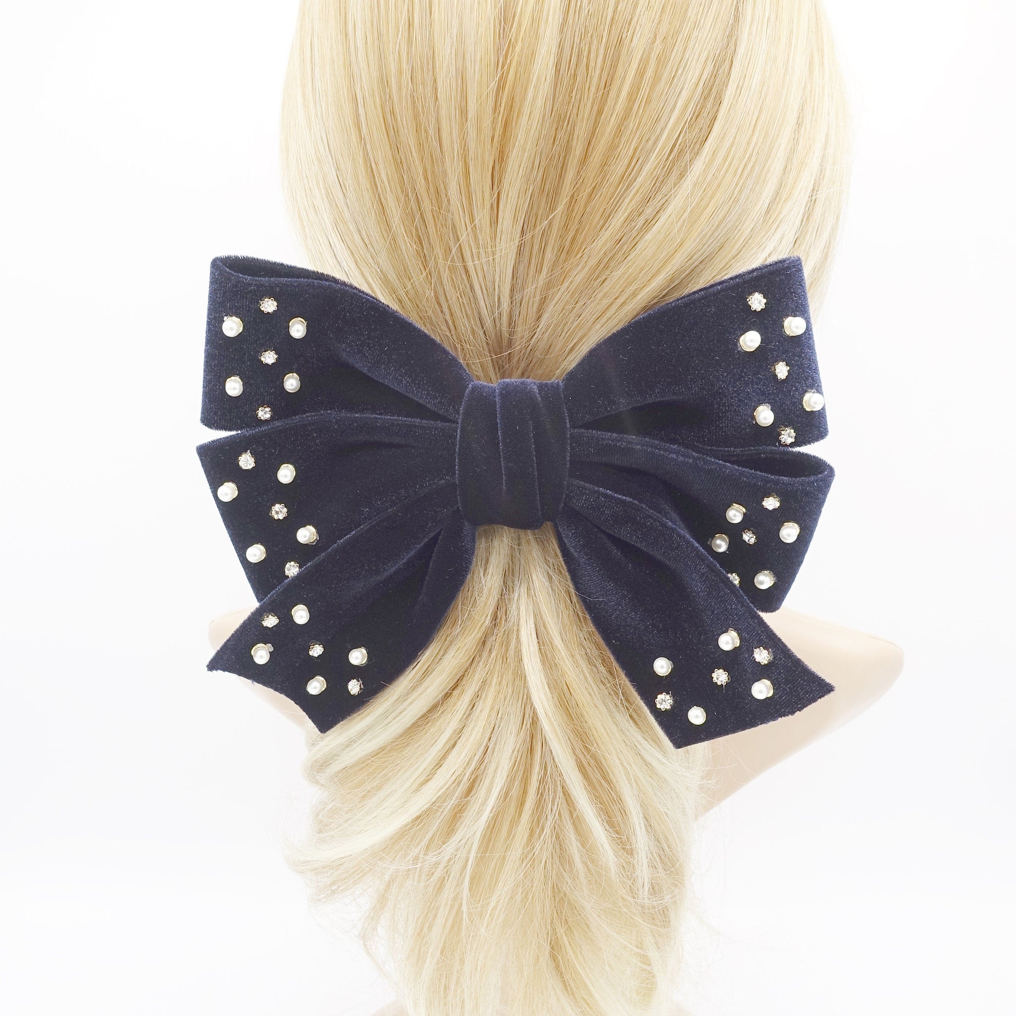 veryshine.com Barrette (Bow) Navy velvet hair bow, triple rhinestone hair bow, pearl velvet bow, luxury hair bows for women