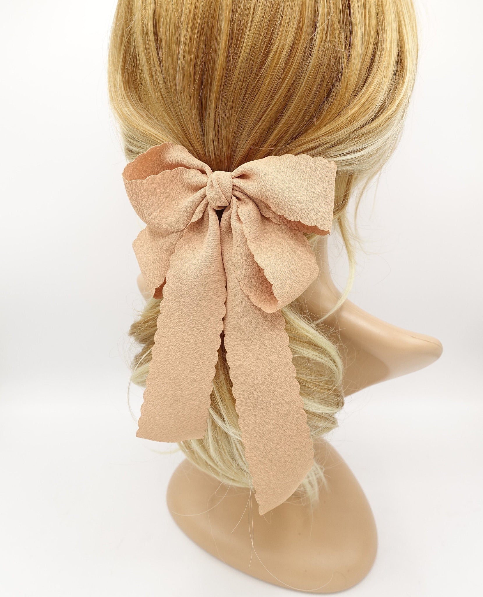 veryshine.com Barrette (Bow) Peach beige wave edge hair bow long tail hair barrette women hair accessory
