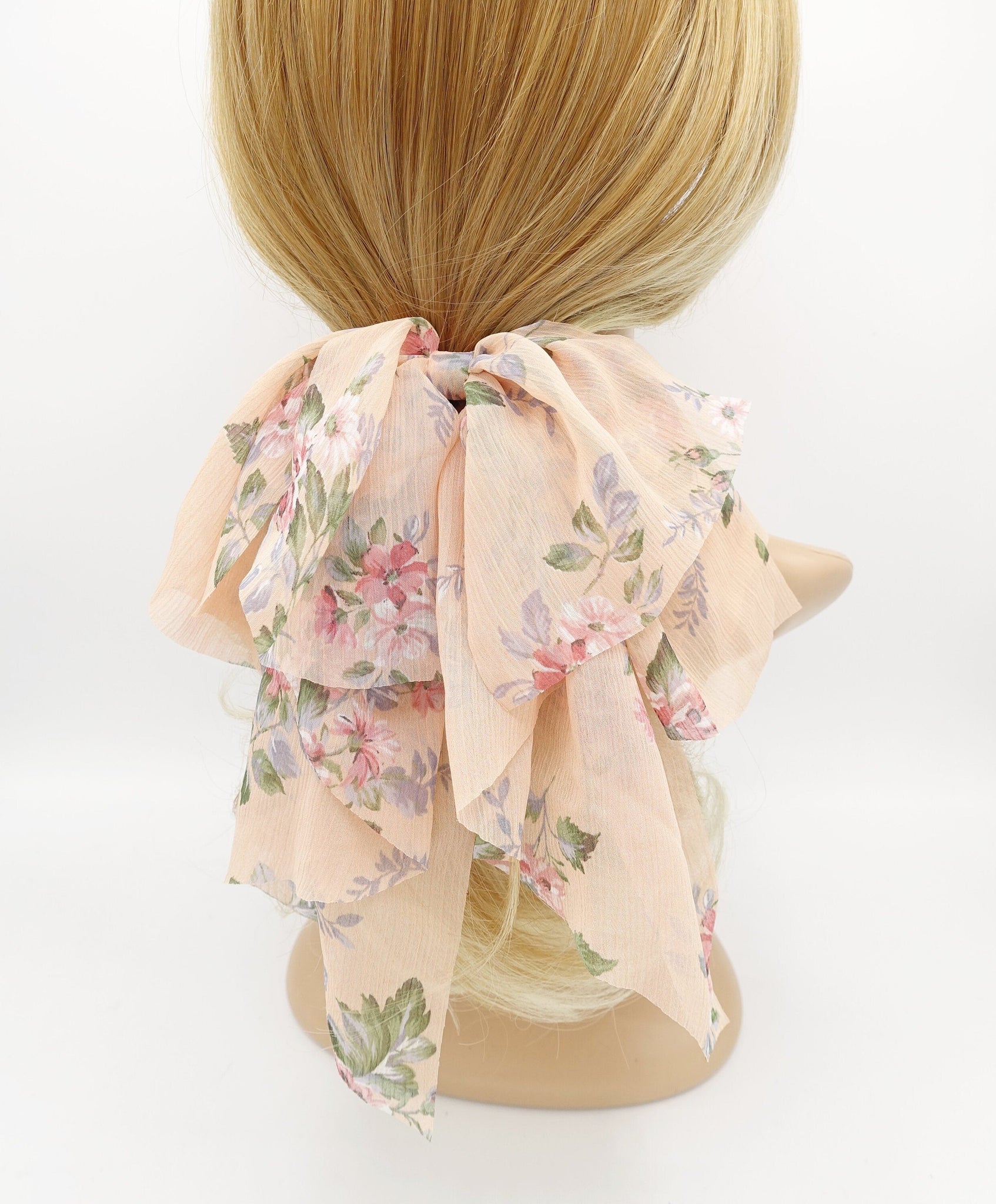 veryshine.com Barrette (Bow) Peach chiffon floral layered hair bow droopy style feminine accessory for women
