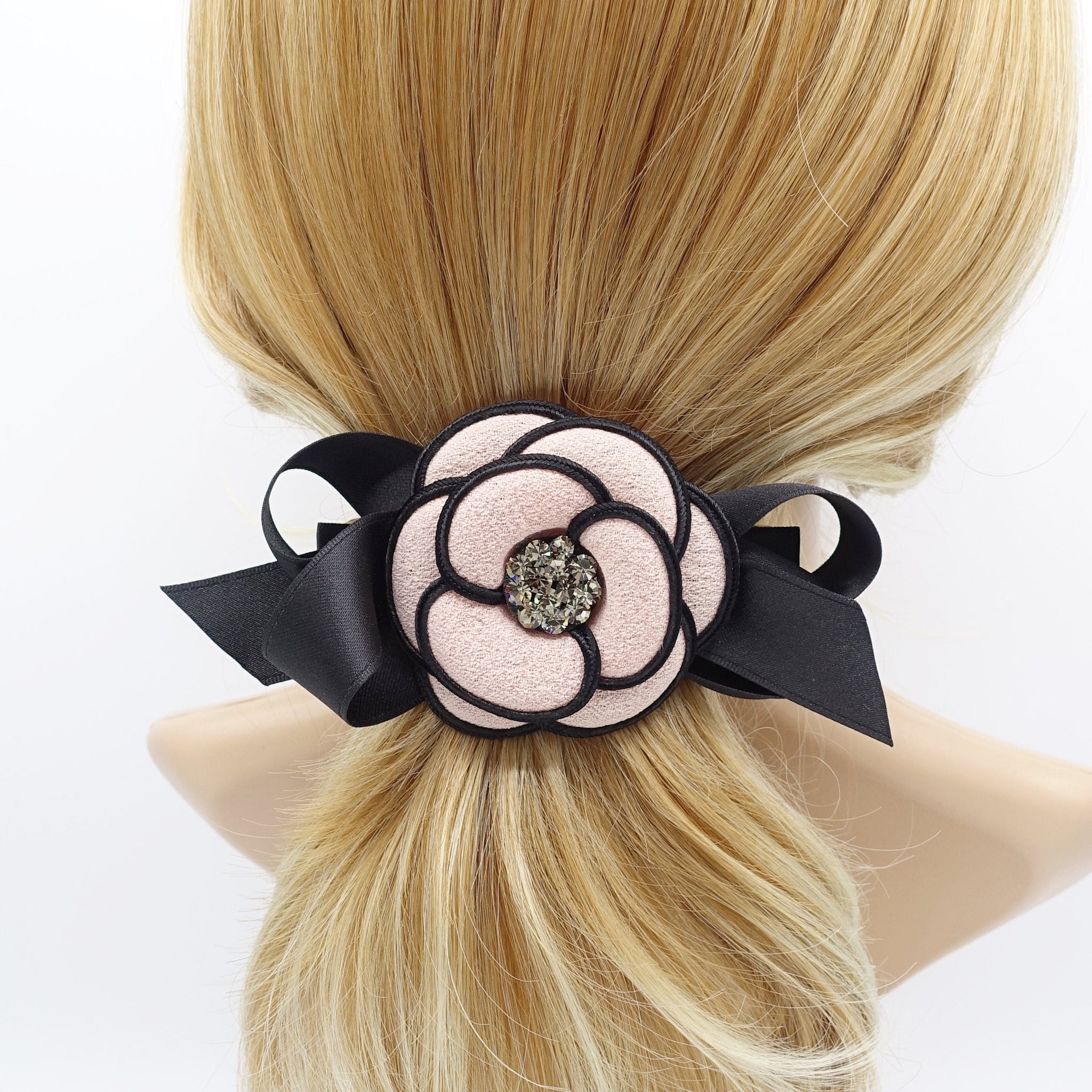 veryshine.com Barrette (Bow) Peach pink camellia  hair bow rhinestone embellished flower french barrette