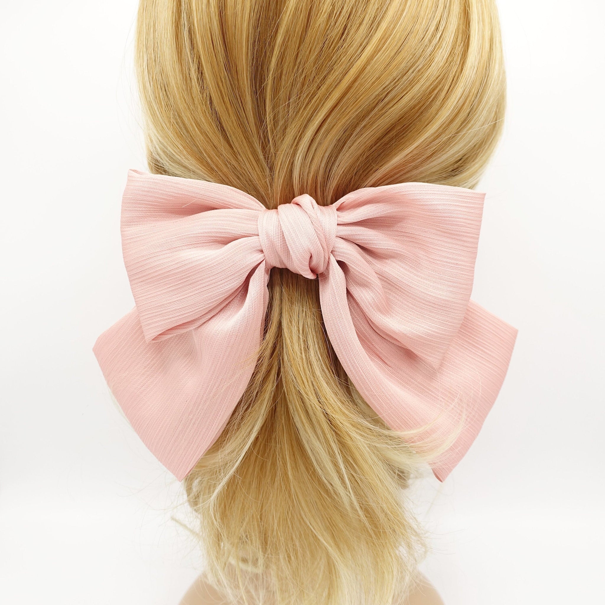 veryshine.com Barrette (Bow) Peach pink pearl glossy crinkled satin bow french hair barrette women hair accessory
