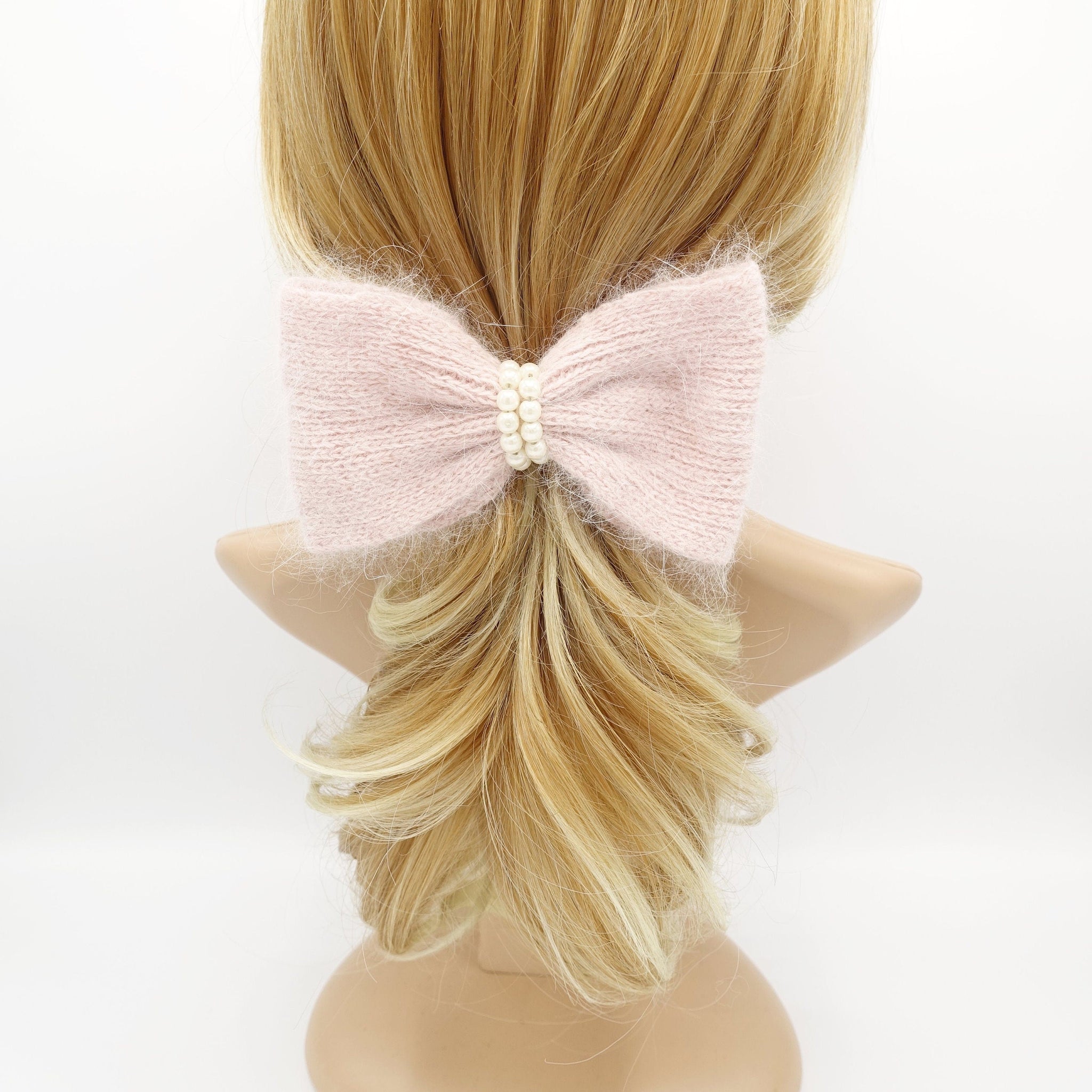 veryshine.com Barrette (Bow) Pink angora hair bow pearl embellished Fall Winter women hair barrette