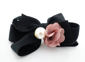 veryshine.com Barrette (Bow) Pink Flower Sleek Ball Decorated Black Bow French Hair Barrette Women Accessory