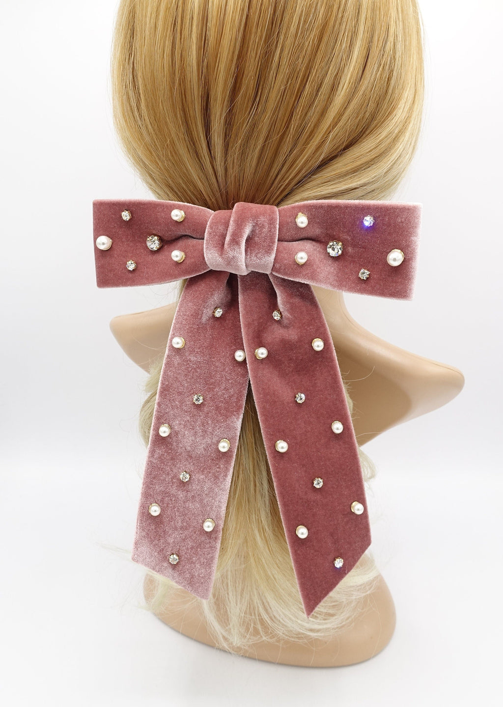 Velvet Ribbon Bow Hair Tie Elastic Comb Stylish Ponytail Holder French Barrette / Pink