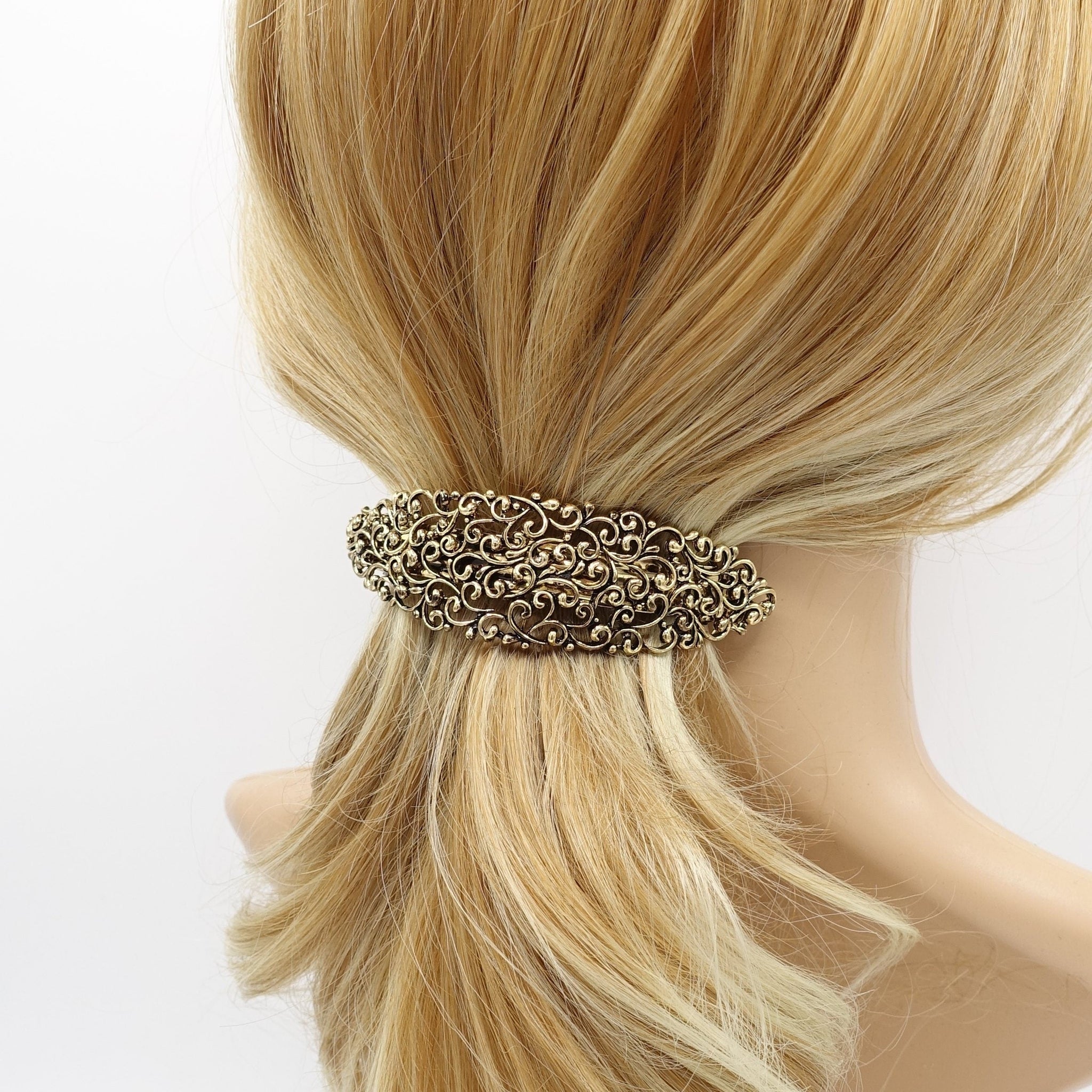 veryshine.com Barrette (Bow) Pointed gold steel hair barrette baroque pattern flower leaves embellished antique style french hair barrette