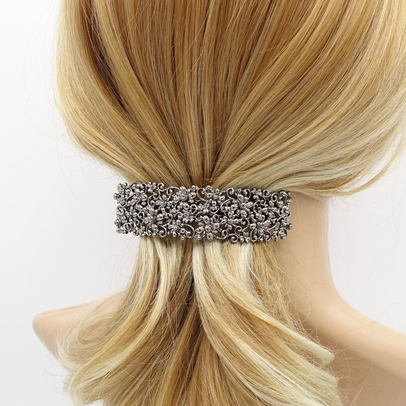 Baroque Steel Hair Barrette: Antique Style Flower & Leaves