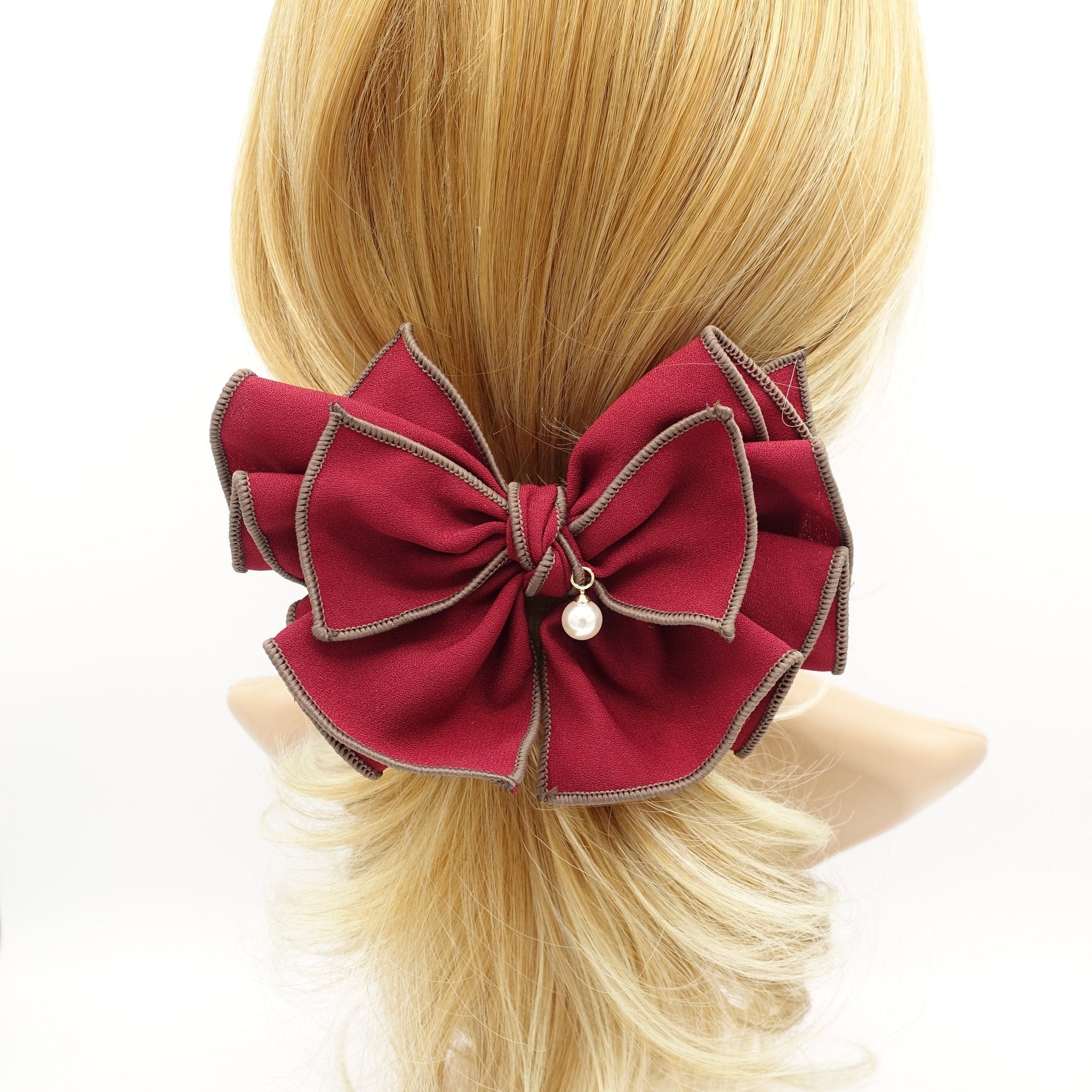 veryshine.com Barrette (Bow) Red wine double colored edge hair bow pleated women hair accessory