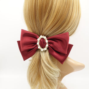 veryshine.com Barrette (Bow) Red wine pearl rhinestone buckle embellished satin hair bow