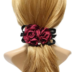 veryshine.com Barrette (Bow) Red wine Two Rose Flowers French Hair Barrettes women hair clip