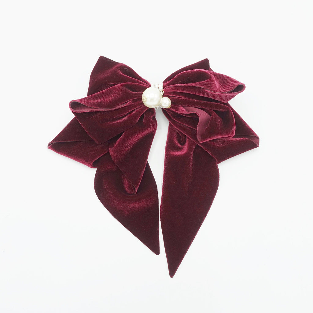 veryshine.com Barrette (Bow) Red wine velvet hair bow pearl embellished hair accessory for women