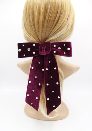 veryshine.com Barrette (Bow) Red wine velvet hair bow, pearl hair bow, rhinestone hair bow, embellished hair bow for women