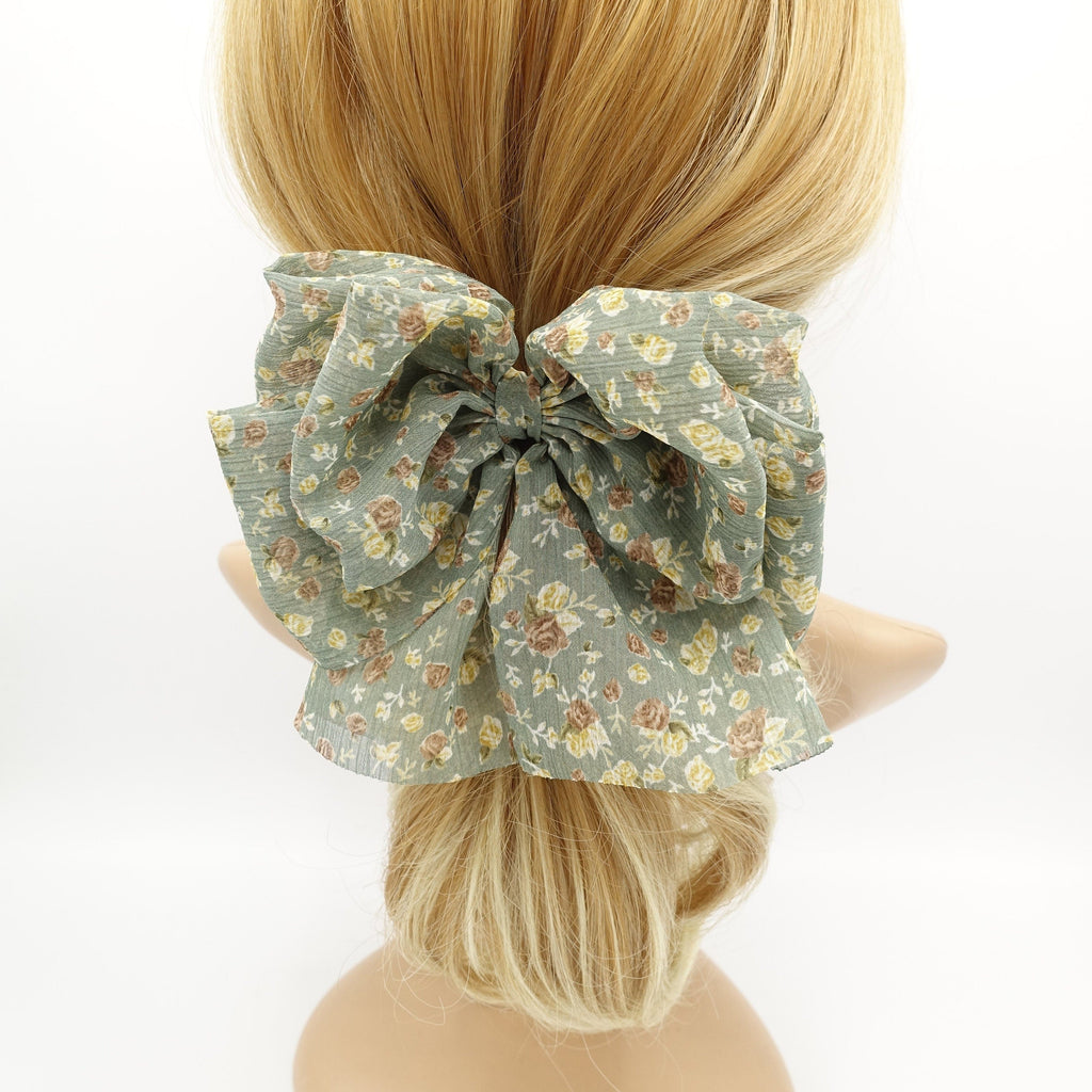 veryshine.com Barrette (Bow) Sage green tiny flower print hair bow floral layered tail women hair accessory