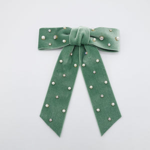veryshine.com Barrette (Bow) Sage green velvet hair bow, pearl hair bow, rhinestone hair bow, embellished hair bow for women