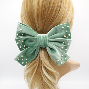 veryshine.com Barrette (Bow) Sage green velvet hair bow, triple rhinestone hair bow, pearl velvet bow, luxury hair bows for women