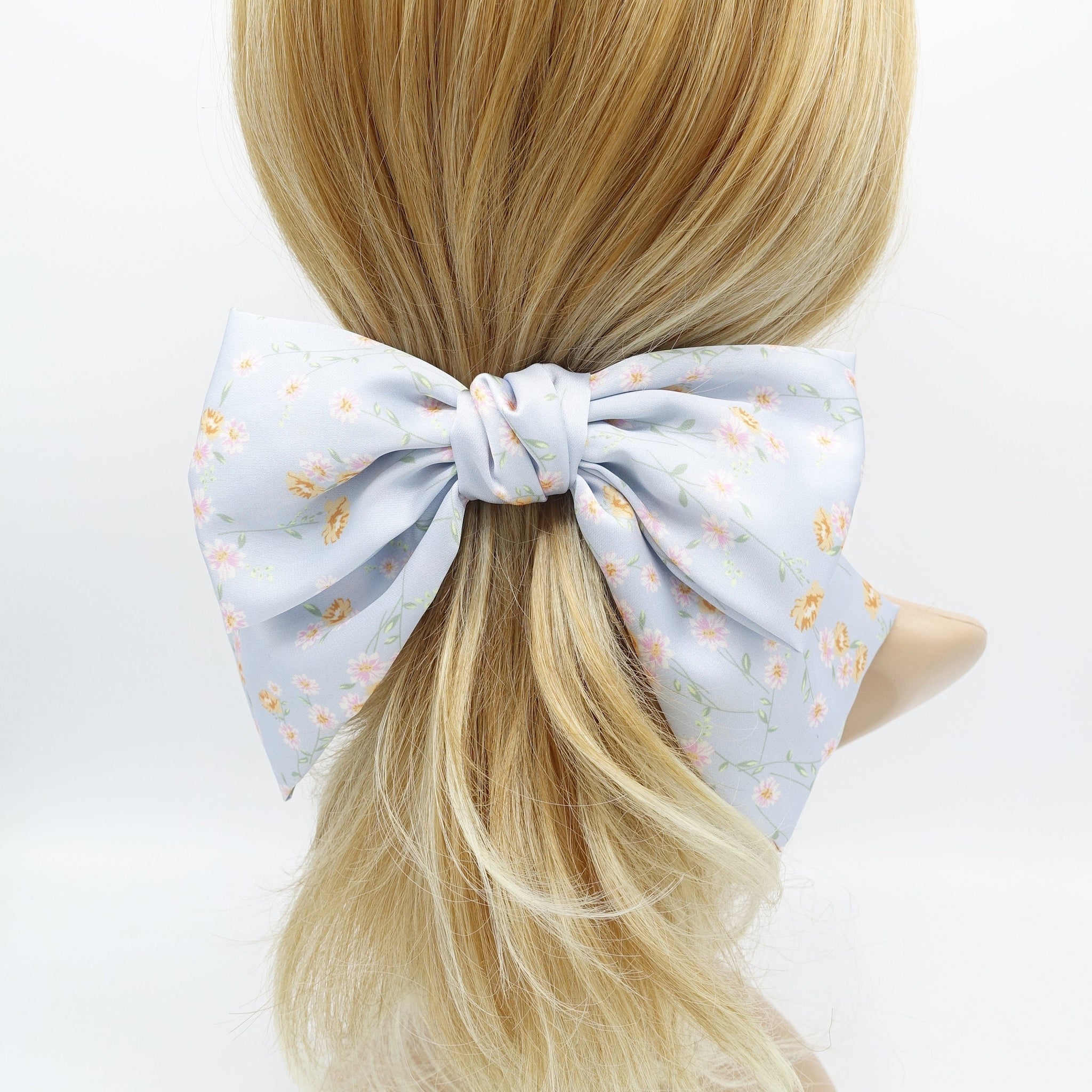 veryshine.com Barrette (Bow) Sky blue silk satin hair bow floral print big hair accessory for women