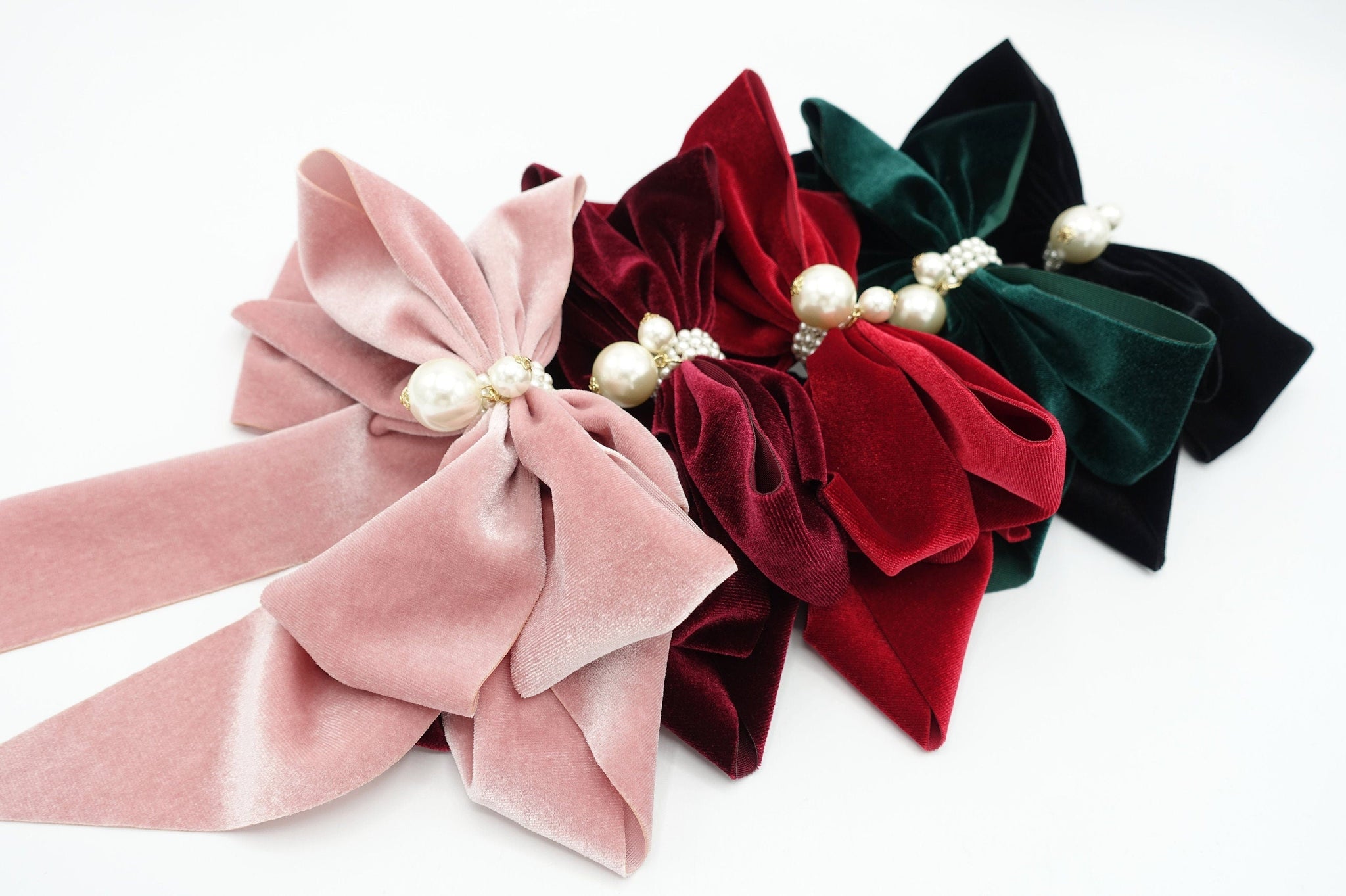 Velvet And Pearl Bow Hair Clip In Deep Red, Olivia Divine Jewellery