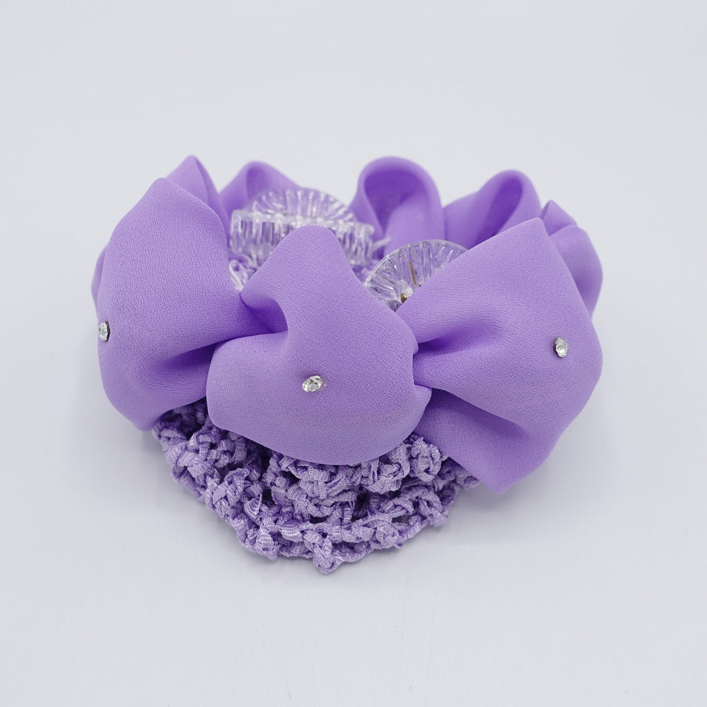 veryshine.com Barrette (Bow) Violet side rhinestone pearl embellished chiffon bun net snood hair claw clip