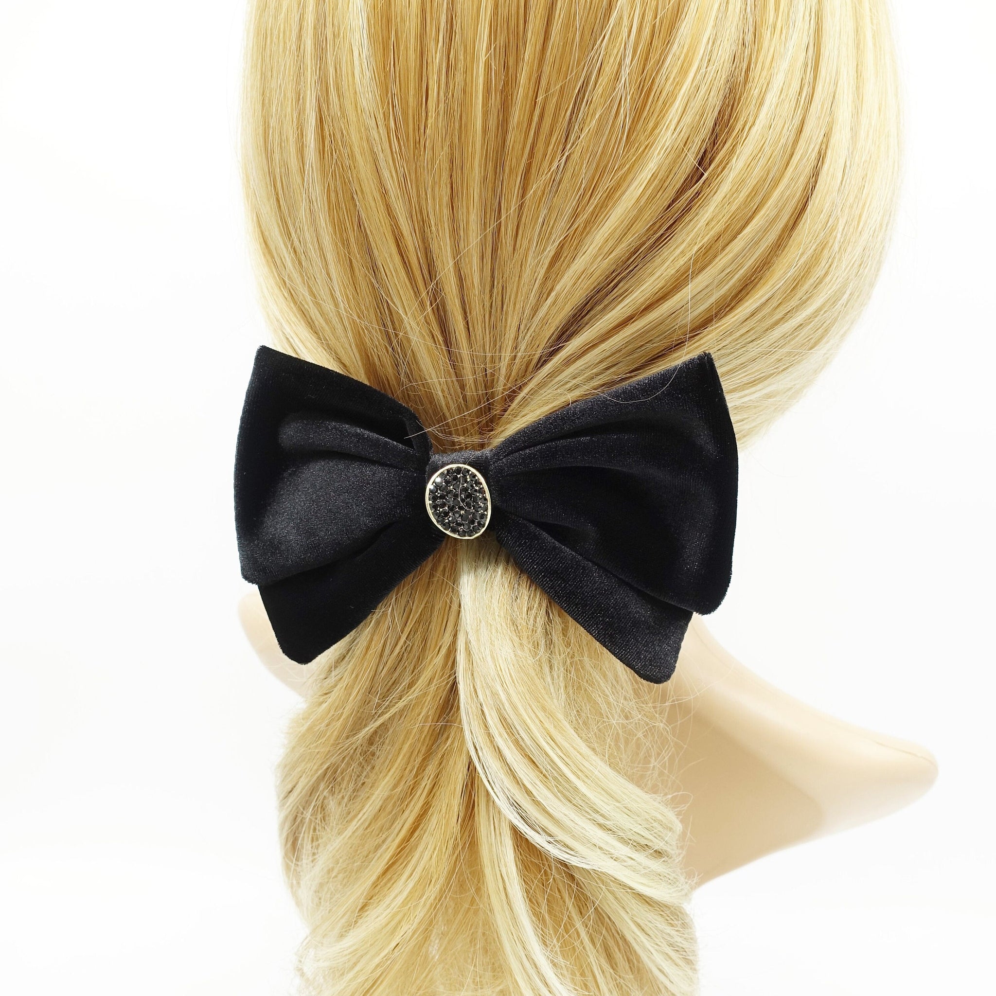 veryshine.com Barrette (Bow) Warped circle black velvet hair bow rhinestone casting embellished bling hair accessory for women