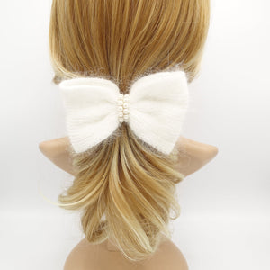 veryshine.com Barrette (Bow) White angora hair bow pearl embellished Fall Winter women hair barrette