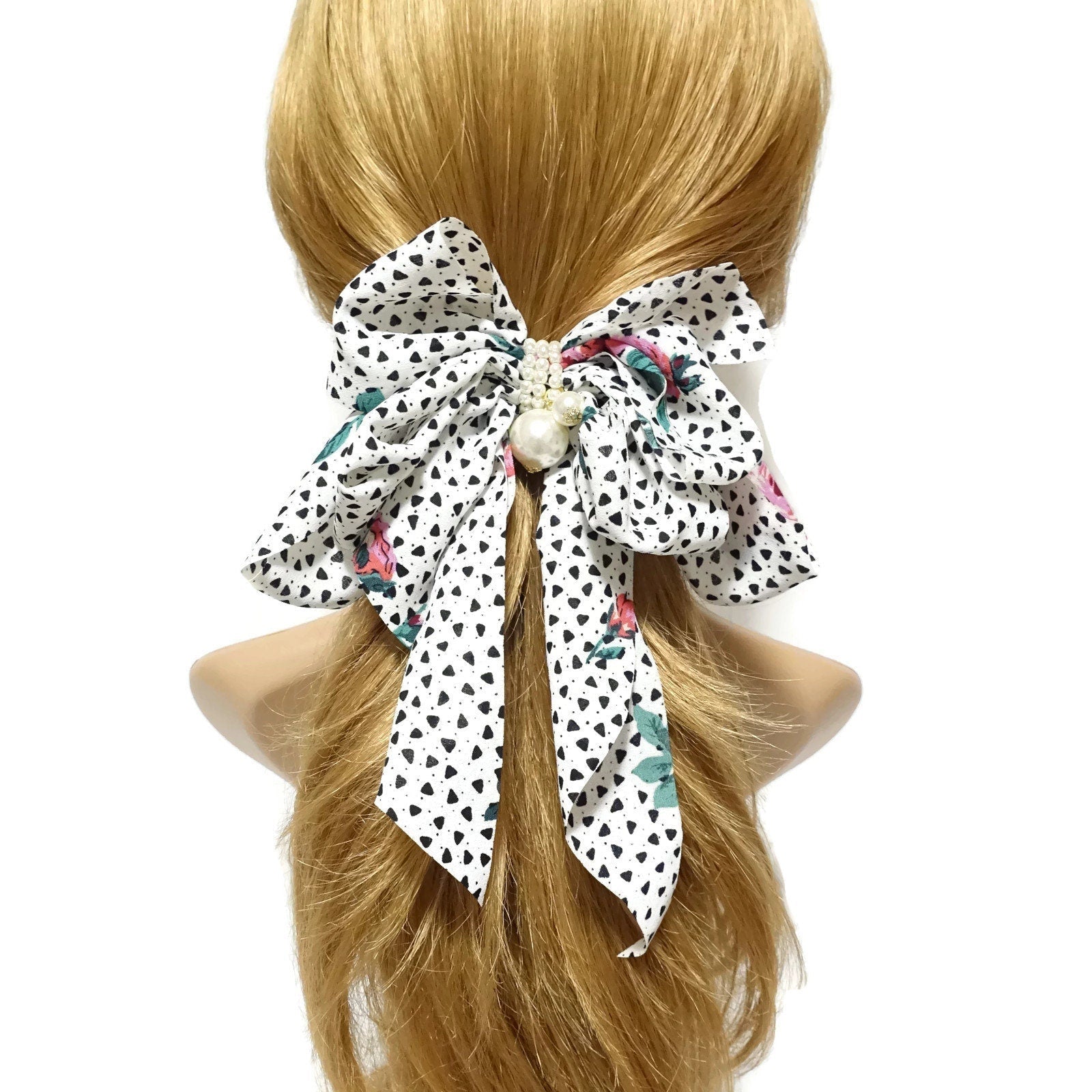 veryshine.com Barrette (Bow) White Chiffon Dot flower print long tail hair bow french hair barrette