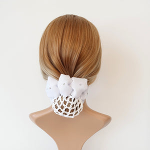 veryshine.com Barrette (Bow) White side rhinestone pearl embellished chiffon bun net snood hair claw clip