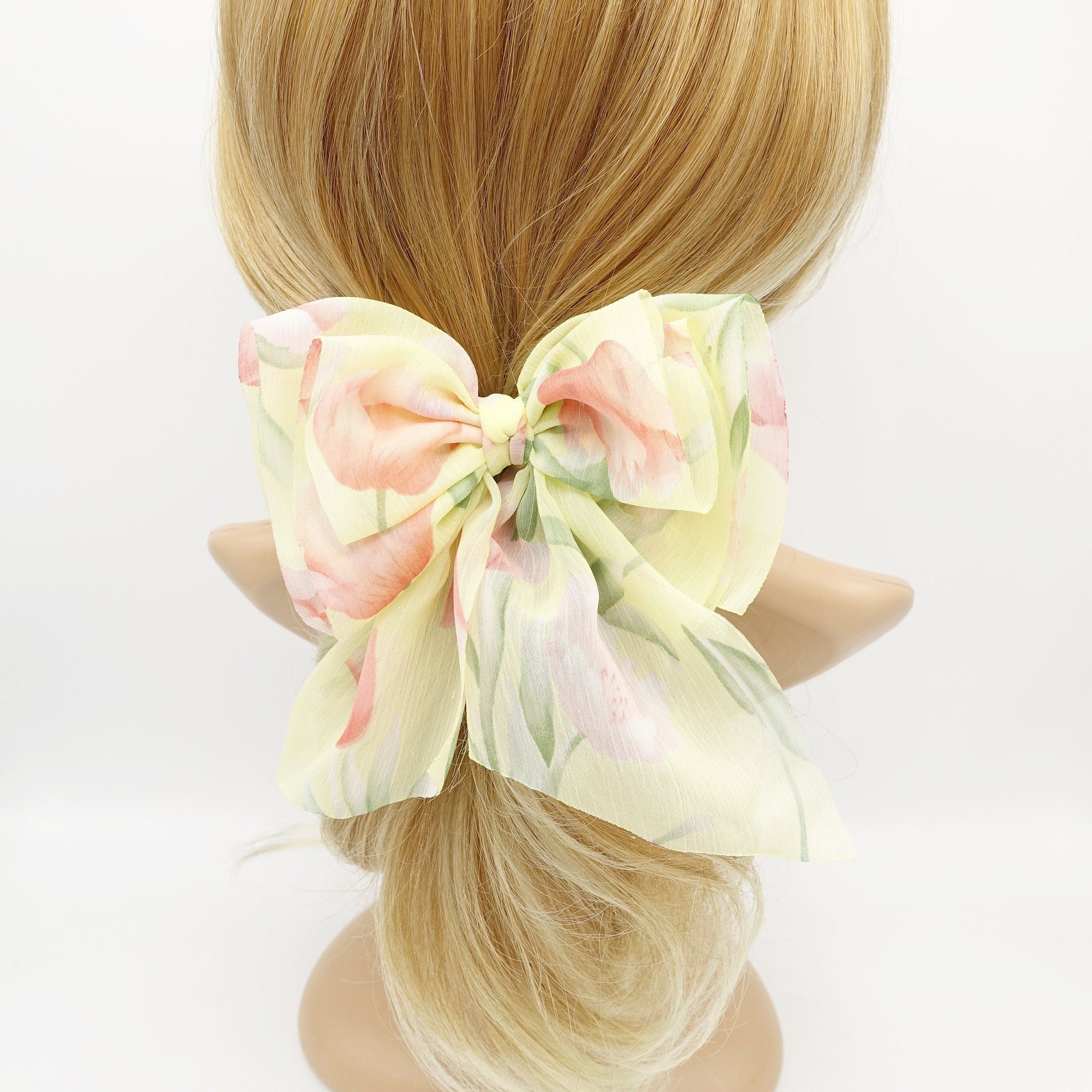 veryshine.com Barrette (Bow) Yellow Floral hair bow Spring floral tulip flower print chiffon hair accessory for women