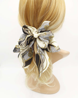 veryshine.com Barrettes & Clips Black satin print hair bow tassel strap print scarf tail hair bow for women