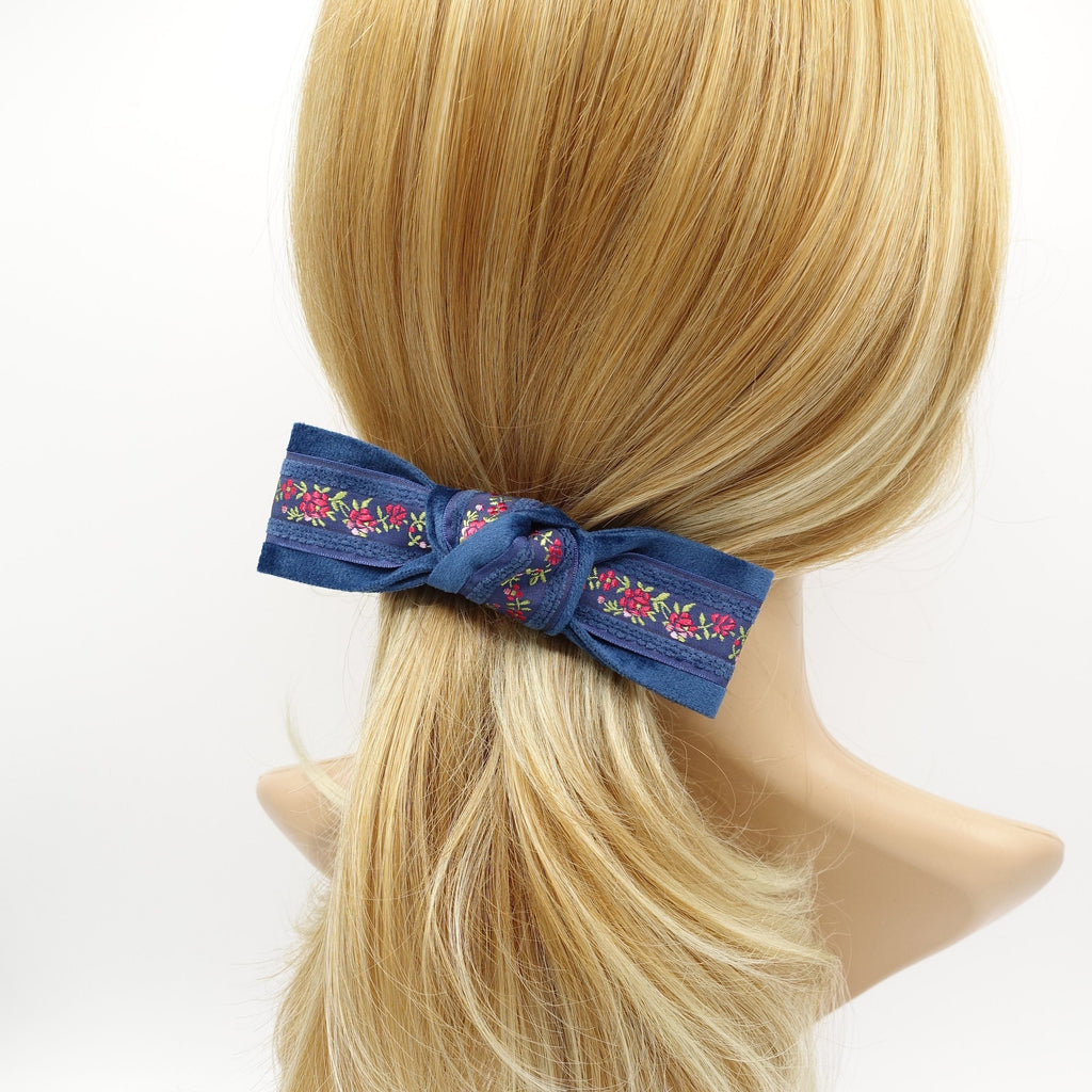 veryshine.com Barrettes & Clips Blue flower embroidery velvet layered knot hair bow luxury style hair accessory for women