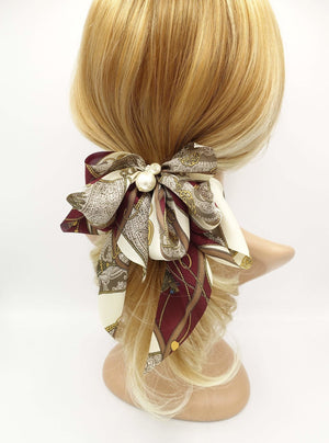 veryshine.com Barrettes & Clips Burgundy satin print hair bow tassel strap print scarf tail hair bow for women